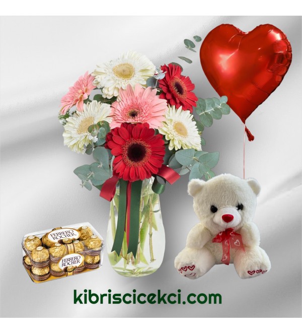 Vazoda Gerbera Ayıcık 16'lı Ferrero Çikolata Kalp Helyum Balon Vazoda Gerbera Ayıcık 16'lı Ferrero Çikolata Kalp Helyum Balon